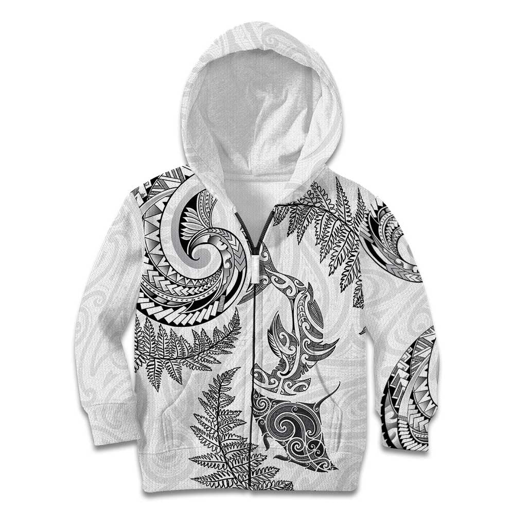 New Zealand Sea Animals with Maori Tribal Tattoo Kid Hoodie Shark Manta Ray with Silver Fern White