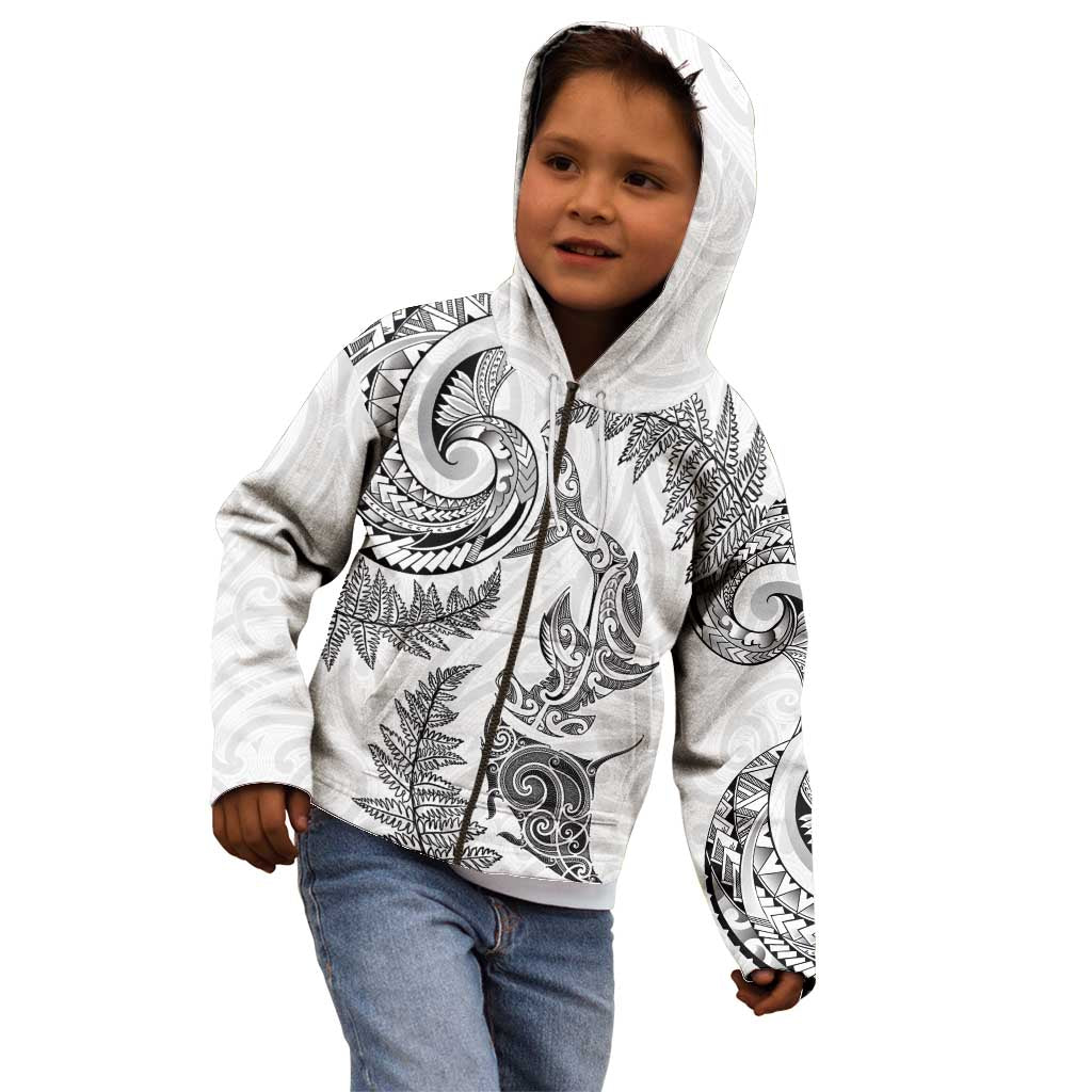 New Zealand Sea Animals with Maori Tribal Tattoo Kid Hoodie Shark Manta Ray with Silver Fern White
