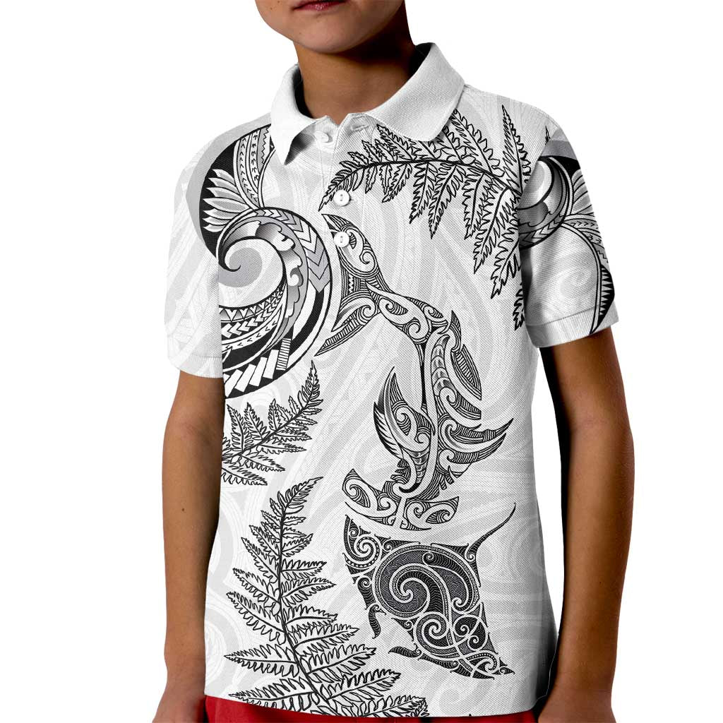 New Zealand Sea Animals with Maori Tribal Tattoo Kid Polo Shirt Shark Manta Ray with Silver Fern White