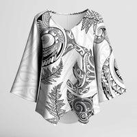 New Zealand Sea Animals with Maori Tribal Tattoo Kimono Sleeve Blouse Shark Manta Ray with Silver Fern White
