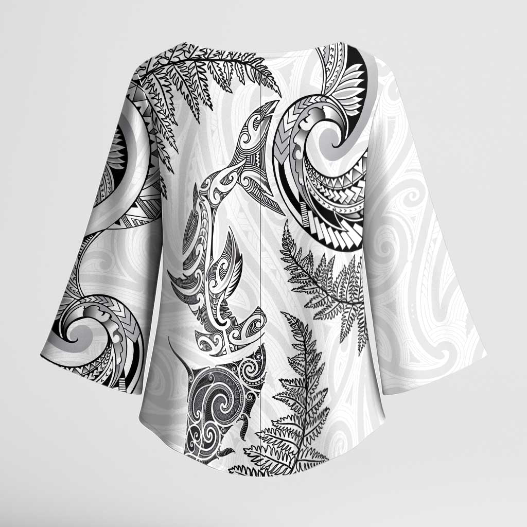 New Zealand Sea Animals with Maori Tribal Tattoo Kimono Sleeve Blouse Shark Manta Ray with Silver Fern White