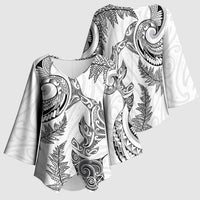 New Zealand Sea Animals with Maori Tribal Tattoo Kimono Sleeve Blouse Shark Manta Ray with Silver Fern White