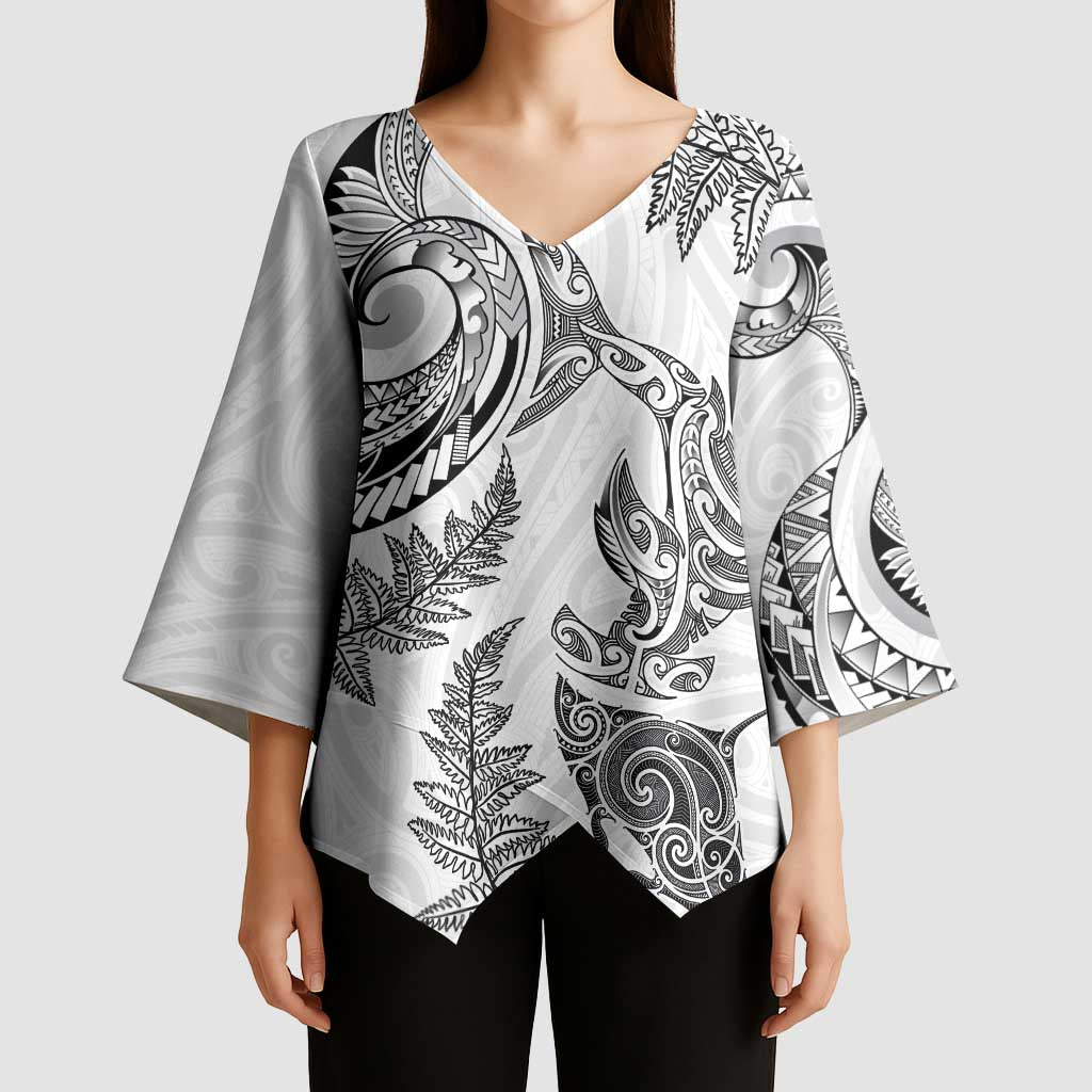 New Zealand Sea Animals with Maori Tribal Tattoo Kimono Sleeve Blouse Shark Manta Ray with Silver Fern White
