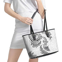 New Zealand Sea Animals with Maori Tribal Tattoo Leather Tote Bag Shark Manta Ray with Silver Fern White