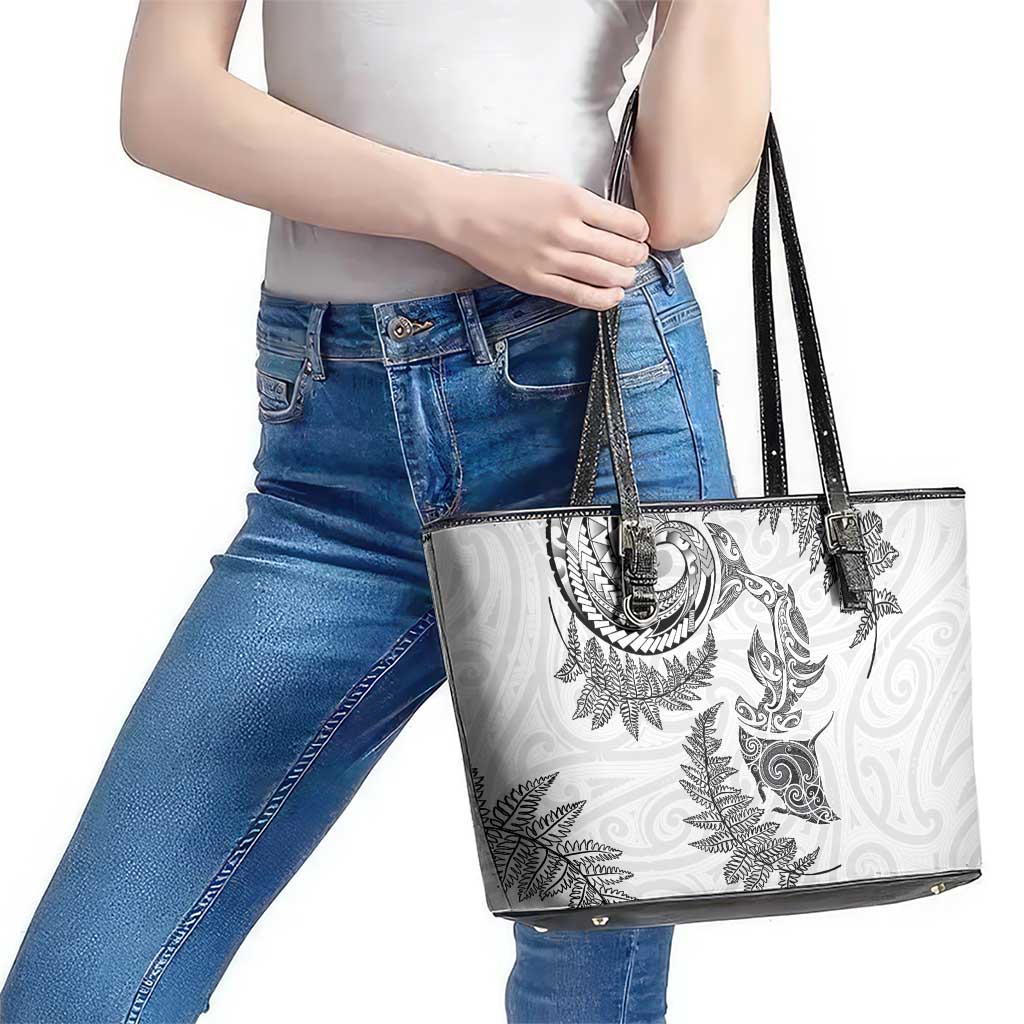 New Zealand Sea Animals with Maori Tribal Tattoo Leather Tote Bag Shark Manta Ray with Silver Fern White