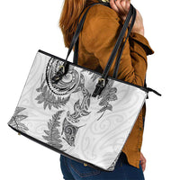 New Zealand Sea Animals with Maori Tribal Tattoo Leather Tote Bag Shark Manta Ray with Silver Fern White