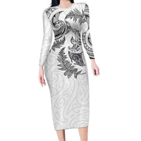 New Zealand Sea Animals with Maori Tribal Tattoo Long Sleeve Bodycon Dress Shark Manta Ray with Silver Fern White