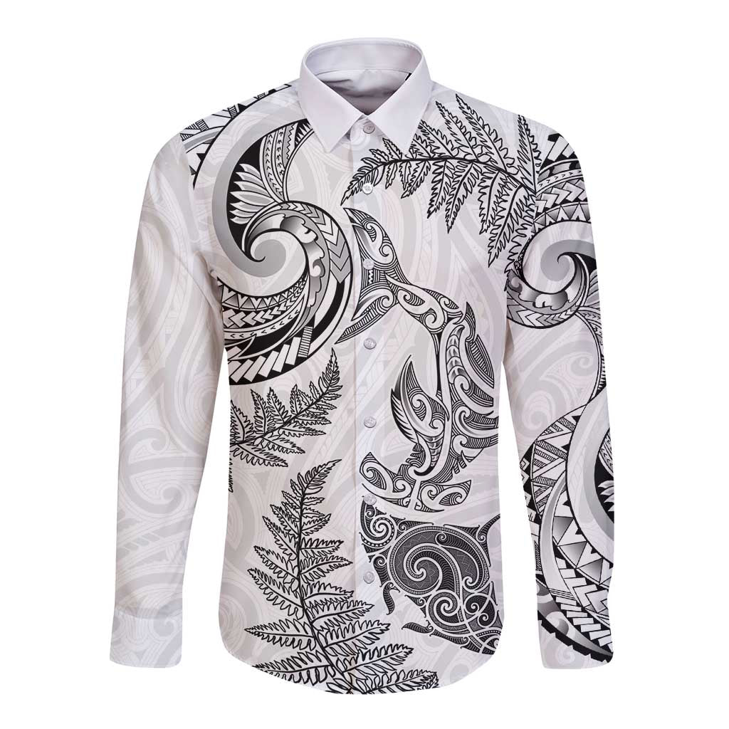 New Zealand Sea Animals with Maori Tribal Tattoo Long Sleeve Button Shirt Shark Manta Ray with Silver Fern White