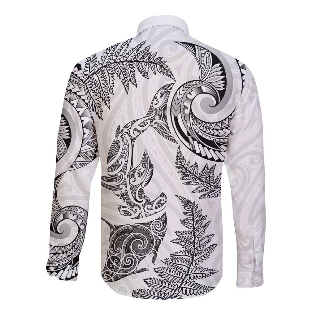 New Zealand Sea Animals with Maori Tribal Tattoo Long Sleeve Button Shirt Shark Manta Ray with Silver Fern White