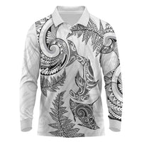 New Zealand Sea Animals with Maori Tribal Tattoo Long Sleeve Polo Shirt Shark Manta Ray with Silver Fern White