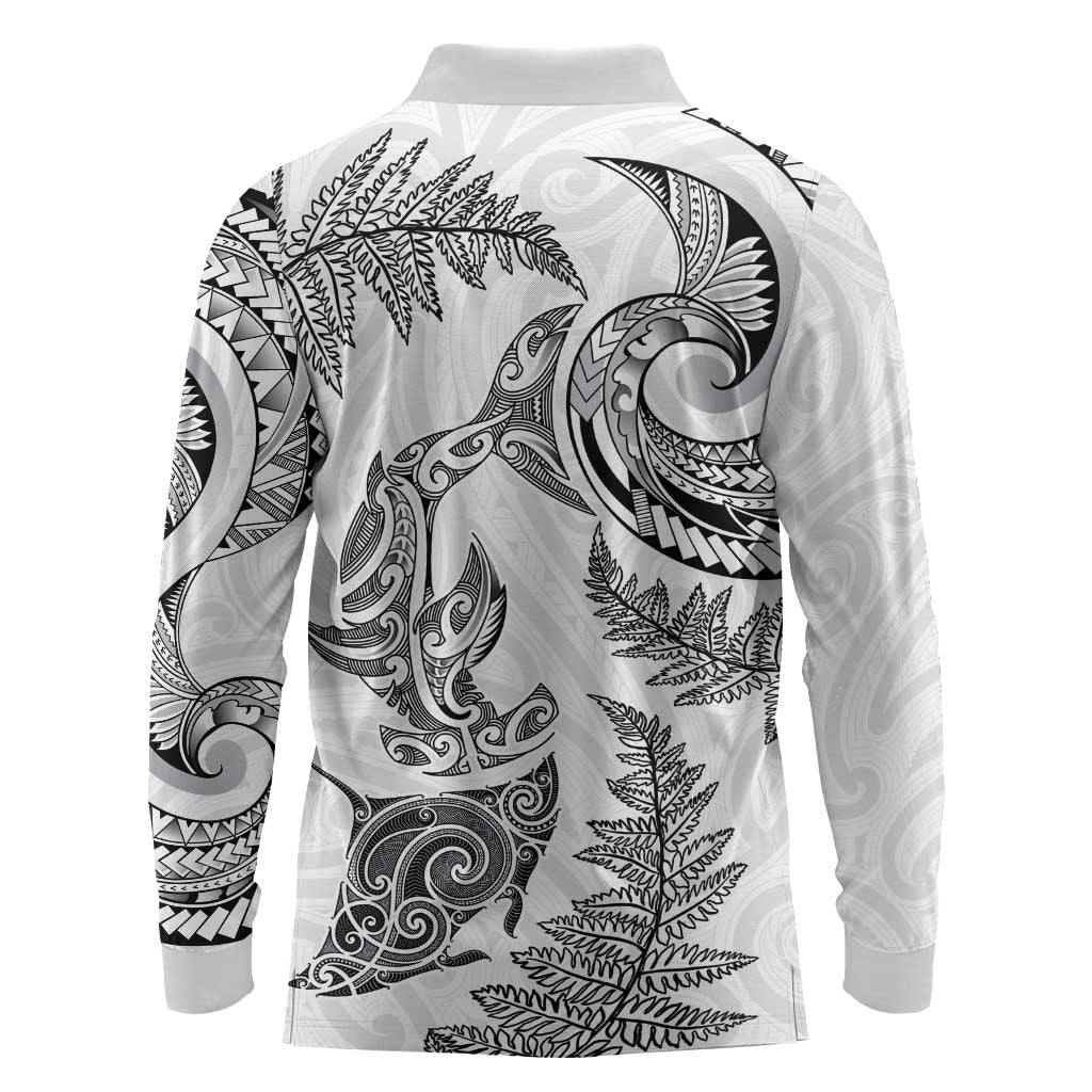 New Zealand Sea Animals with Maori Tribal Tattoo Long Sleeve Polo Shirt Shark Manta Ray with Silver Fern White