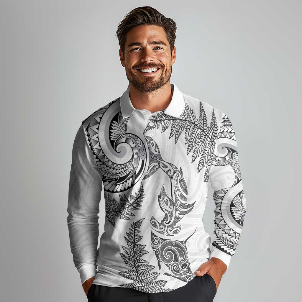 New Zealand Sea Animals with Maori Tribal Tattoo Long Sleeve Polo Shirt Shark Manta Ray with Silver Fern White