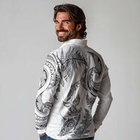 New Zealand Sea Animals with Maori Tribal Tattoo Long Sleeve Polo Shirt Shark Manta Ray with Silver Fern White