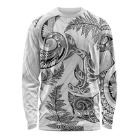 New Zealand Sea Animals with Maori Tribal Tattoo Long Sleeve Shirt Shark Manta Ray with Silver Fern White