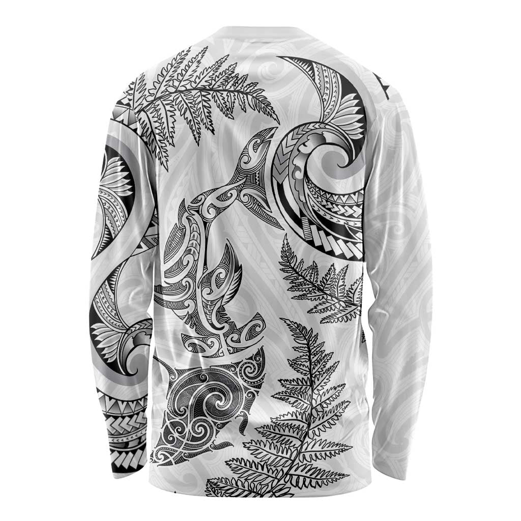 New Zealand Sea Animals with Maori Tribal Tattoo Long Sleeve Shirt Shark Manta Ray with Silver Fern White
