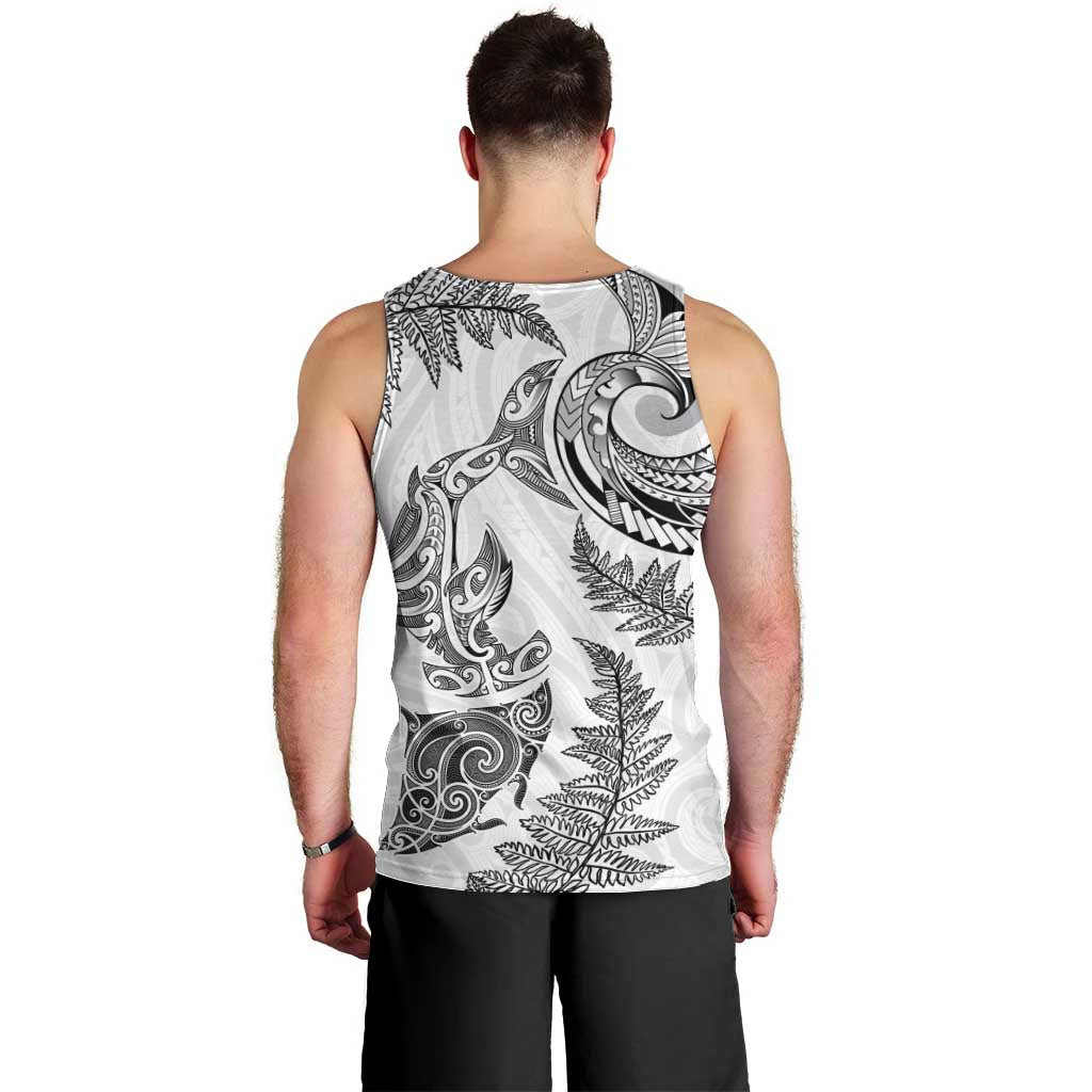 New Zealand Sea Animals with Maori Tribal Tattoo Men Tank Top Shark Manta Ray with Silver Fern White