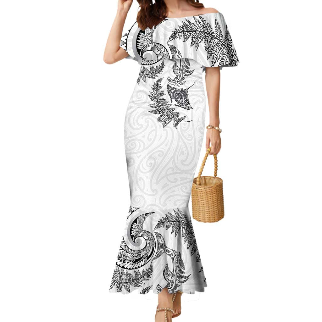 New Zealand Sea Animals with Maori Tribal Tattoo Mermaid Dress Shark Manta Ray with Silver Fern White