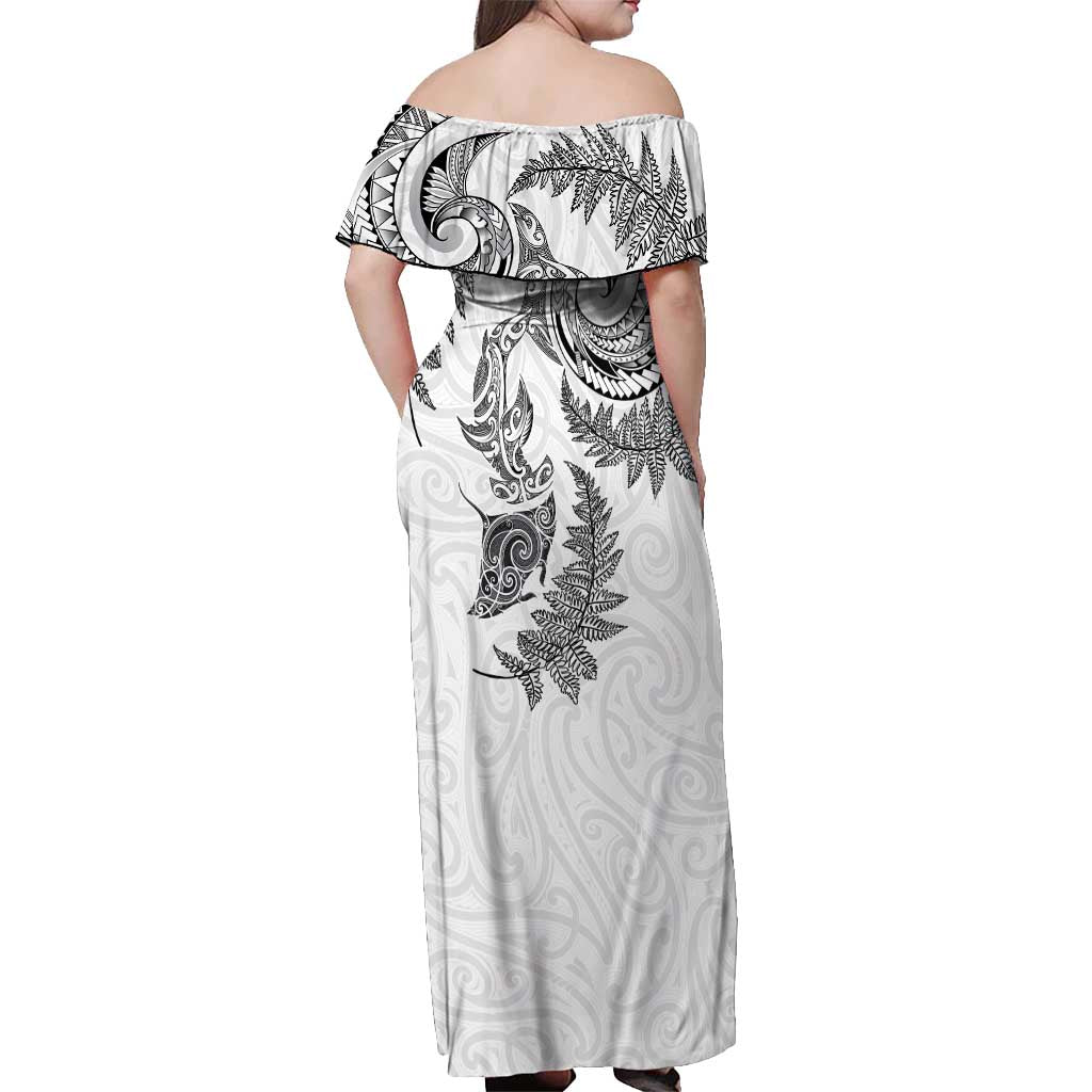 New Zealand Sea Animals with Maori Tribal Tattoo Off Shoulder Maxi Dress Shark Manta Ray with Silver Fern White
