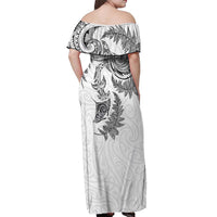 New Zealand Sea Animals with Maori Tribal Tattoo Off Shoulder Maxi Dress Shark Manta Ray with Silver Fern White