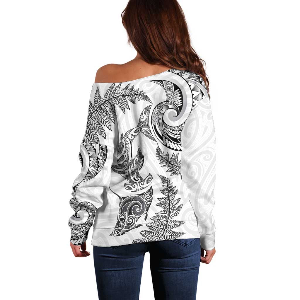 New Zealand Sea Animals with Maori Tribal Tattoo Off Shoulder Sweater Shark Manta Ray with Silver Fern White