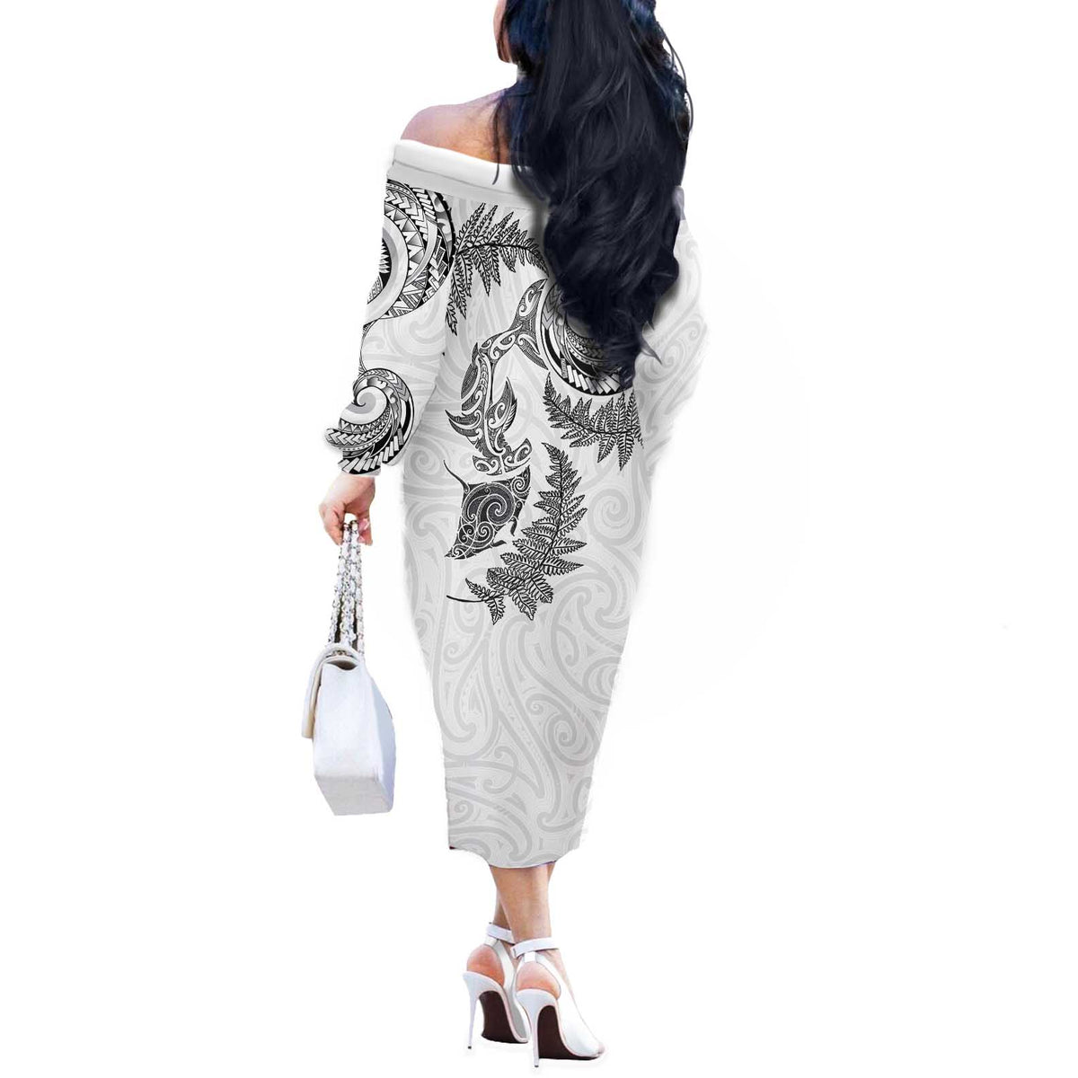 New Zealand Sea Animals with Maori Tribal Tattoo Off The Shoulder Long Sleeve Dress Shark Manta Ray with Silver Fern White