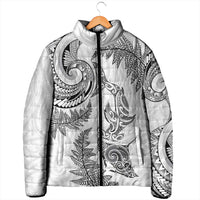 New Zealand Sea Animals with Maori Tribal Tattoo Padded Jacket Shark Manta Ray with Silver Fern White