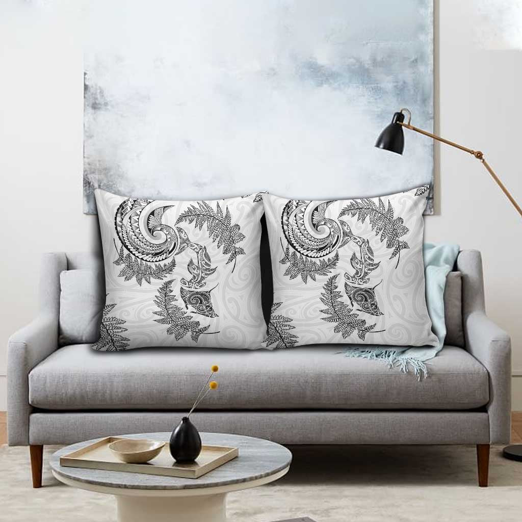 New Zealand Sea Animals with Maori Tribal Tattoo Pillow Cover Shark Manta Ray with Silver Fern White