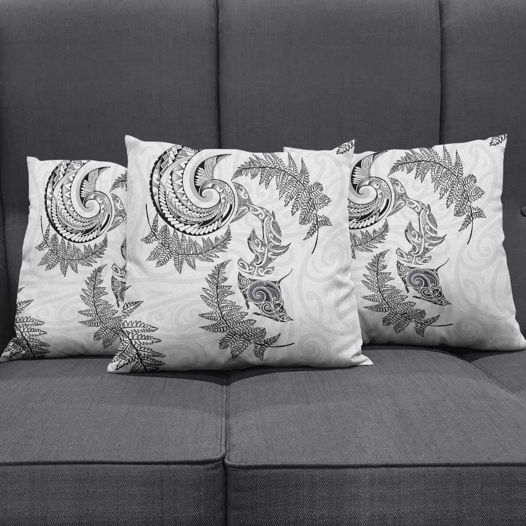 New Zealand Sea Animals with Maori Tribal Tattoo Pillow Cover Shark Manta Ray with Silver Fern White