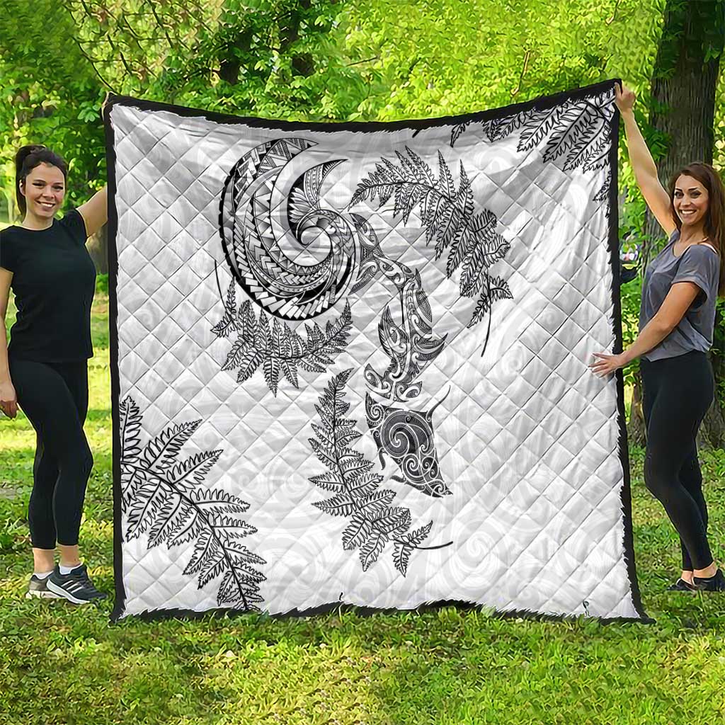 New Zealand Sea Animals with Maori Tribal Tattoo Quilt Shark Manta Ray with Silver Fern White
