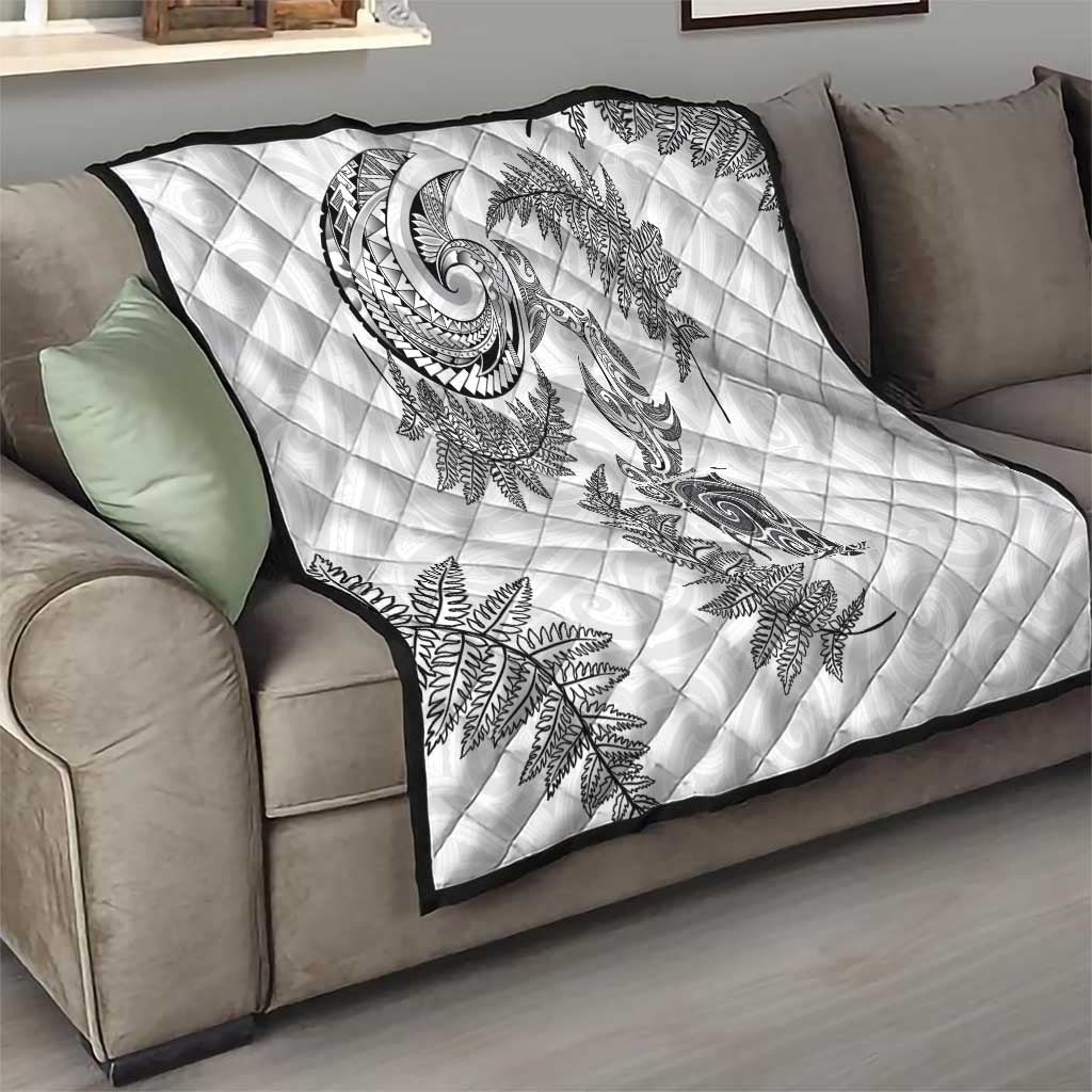 New Zealand Sea Animals with Maori Tribal Tattoo Quilt Shark Manta Ray with Silver Fern White