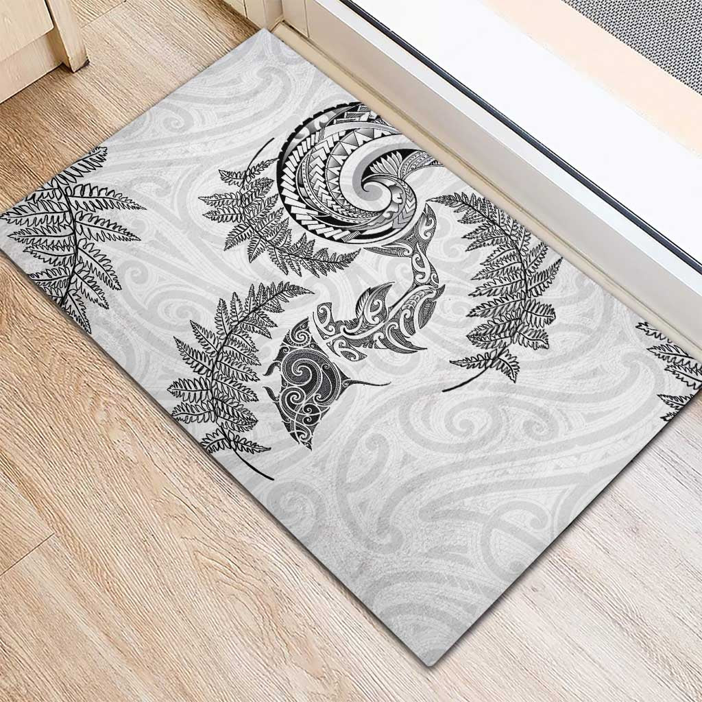 New Zealand Sea Animals with Maori Tribal Tattoo Rubber Doormat Shark Manta Ray with Silver Fern White