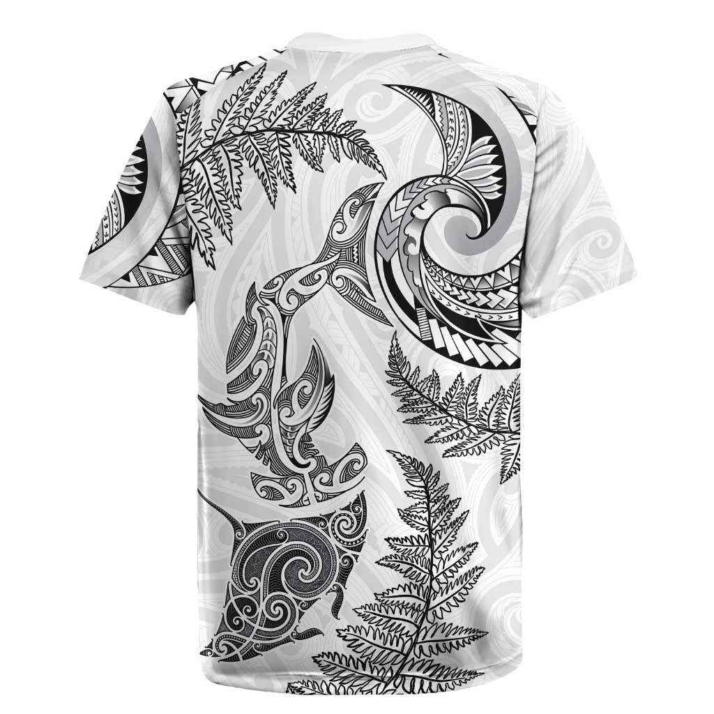 New Zealand Sea Animals with Maori Tribal Tattoo Rugby Jersey Shark Manta Ray with Silver Fern White