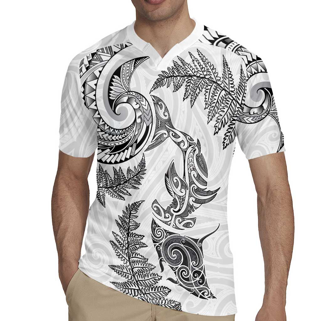 New Zealand Sea Animals with Maori Tribal Tattoo Rugby Jersey Shark Manta Ray with Silver Fern White