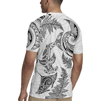 New Zealand Sea Animals with Maori Tribal Tattoo Rugby Jersey Shark Manta Ray with Silver Fern White