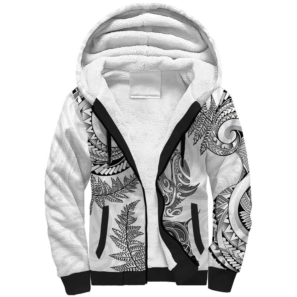 New Zealand Sea Animals with Maori Tribal Tattoo Sherpa Hoodie Shark Manta Ray with Silver Fern White