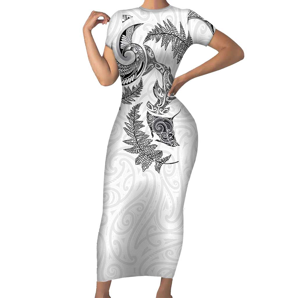 New Zealand Sea Animals with Maori Tribal Tattoo Short Sleeve Bodycon Dress Shark Manta Ray with Silver Fern White