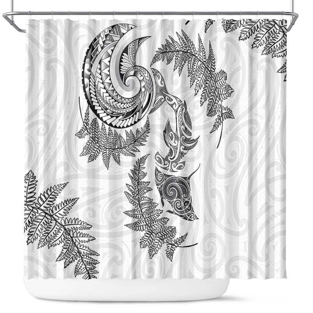 New Zealand Sea Animals with Maori Tribal Tattoo Shower Curtain Shark Manta Ray with Silver Fern White