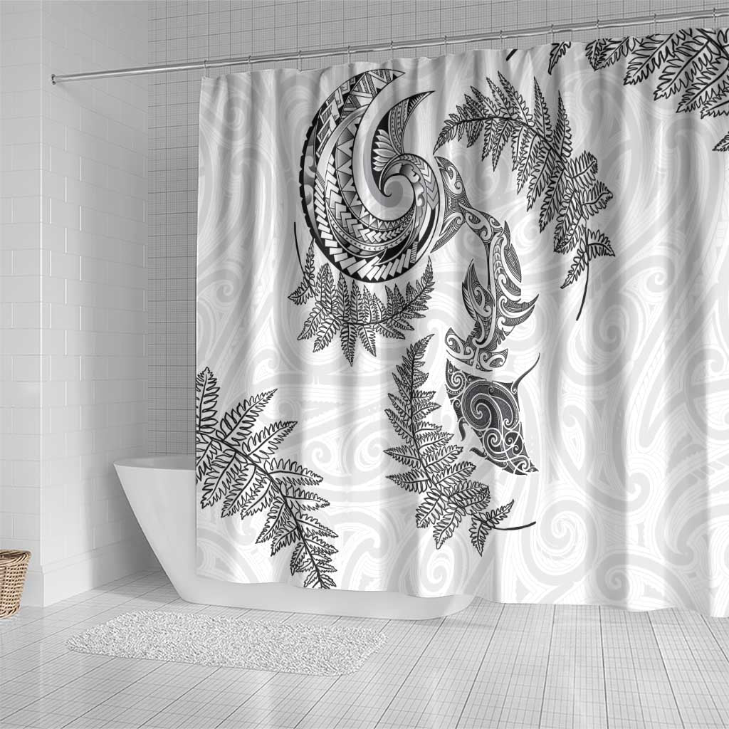 New Zealand Sea Animals with Maori Tribal Tattoo Shower Curtain Shark Manta Ray with Silver Fern White