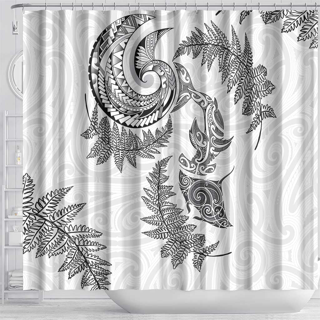 New Zealand Sea Animals with Maori Tribal Tattoo Shower Curtain Shark Manta Ray with Silver Fern White