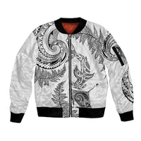 New Zealand Sea Animals with Maori Tribal Tattoo Sleeve Zip Bomber Jacket Shark Manta Ray with Silver Fern White