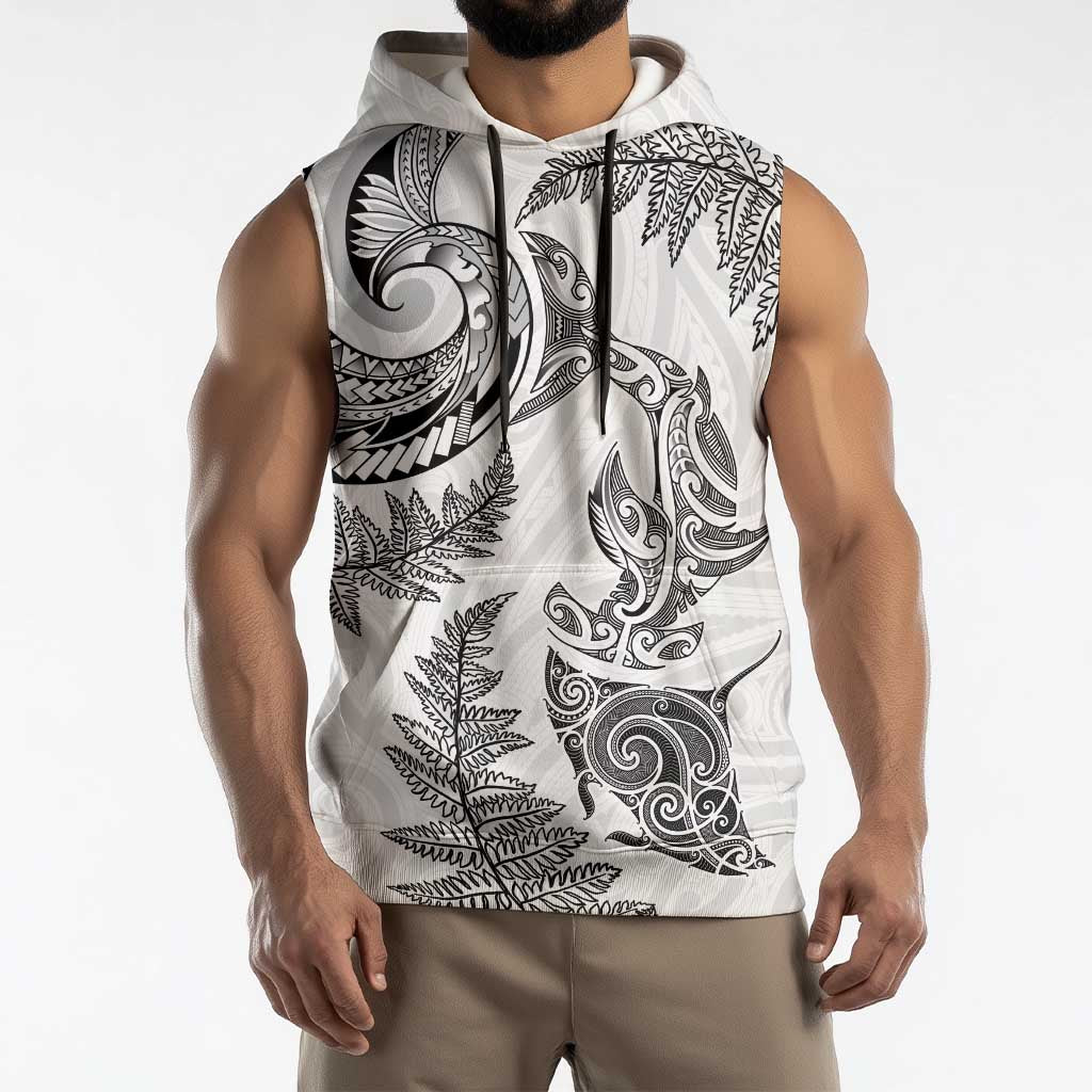 New Zealand Sea Animals with Maori Tribal Tattoo Sleeveless Hoodie Shark Manta Ray with Silver Fern White