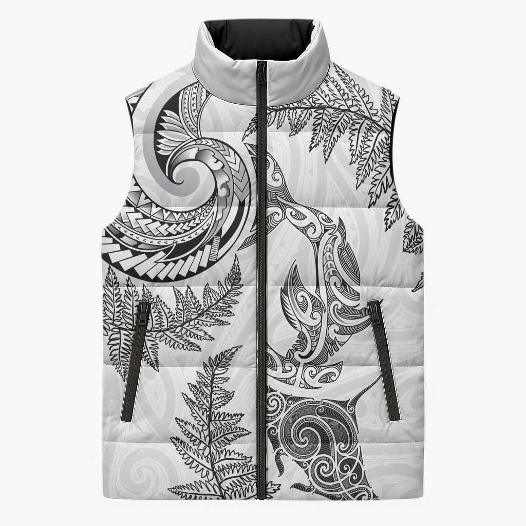 New Zealand Sea Animals with Maori Tribal Tattoo Sleeveless Puffer Jacket Shark Manta Ray with Silver Fern White