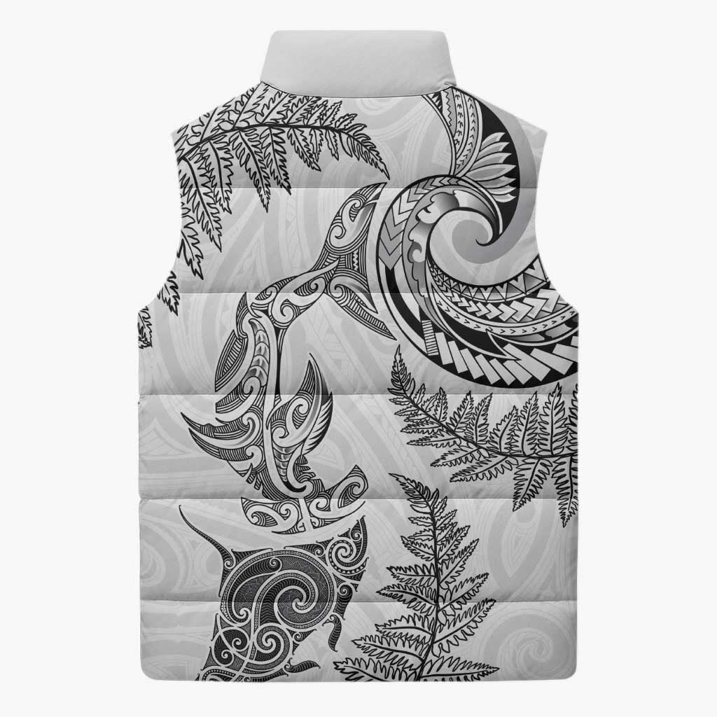 New Zealand Sea Animals with Maori Tribal Tattoo Sleeveless Puffer Jacket Shark Manta Ray with Silver Fern White
