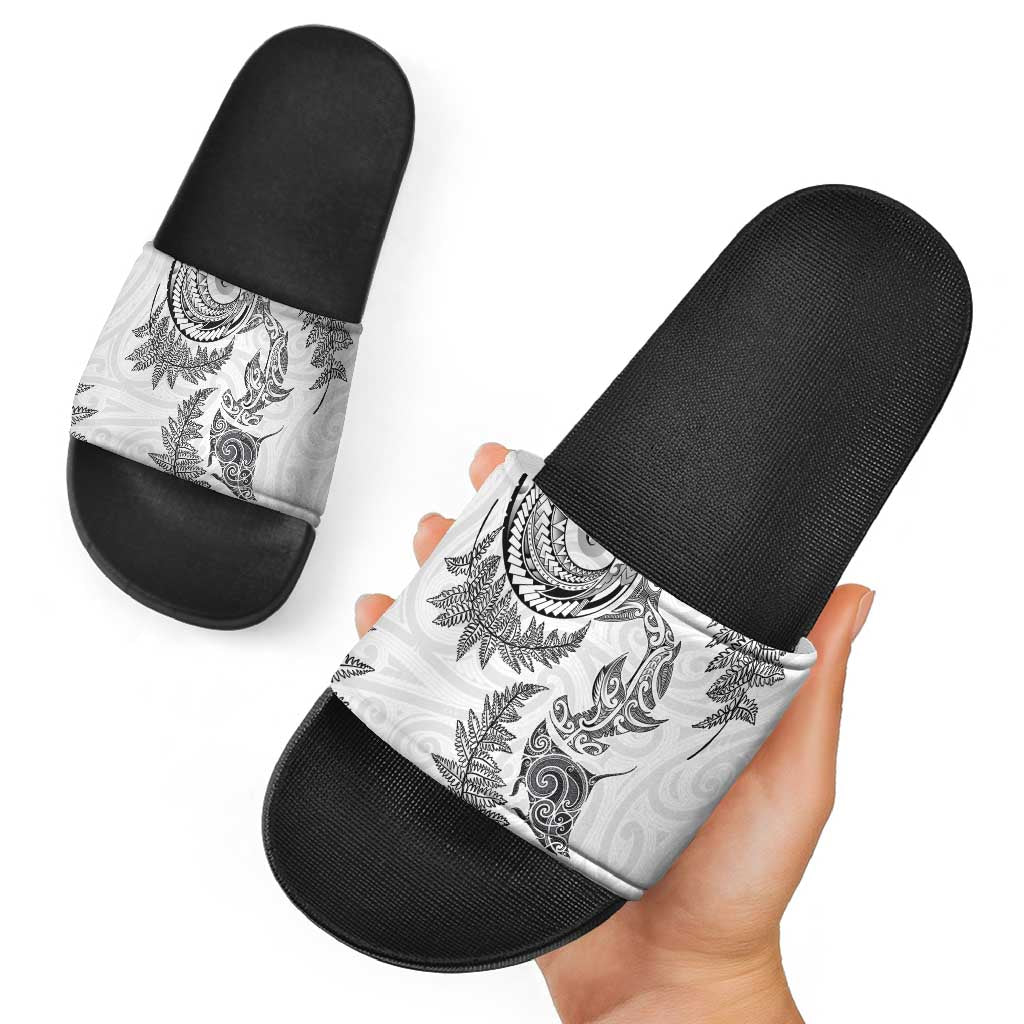 New Zealand Sea Animals with Maori Tribal Tattoo Slide Sandals Shark Manta Ray with Silver Fern White