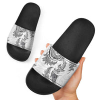 New Zealand Sea Animals with Maori Tribal Tattoo Slide Sandals Shark Manta Ray with Silver Fern White