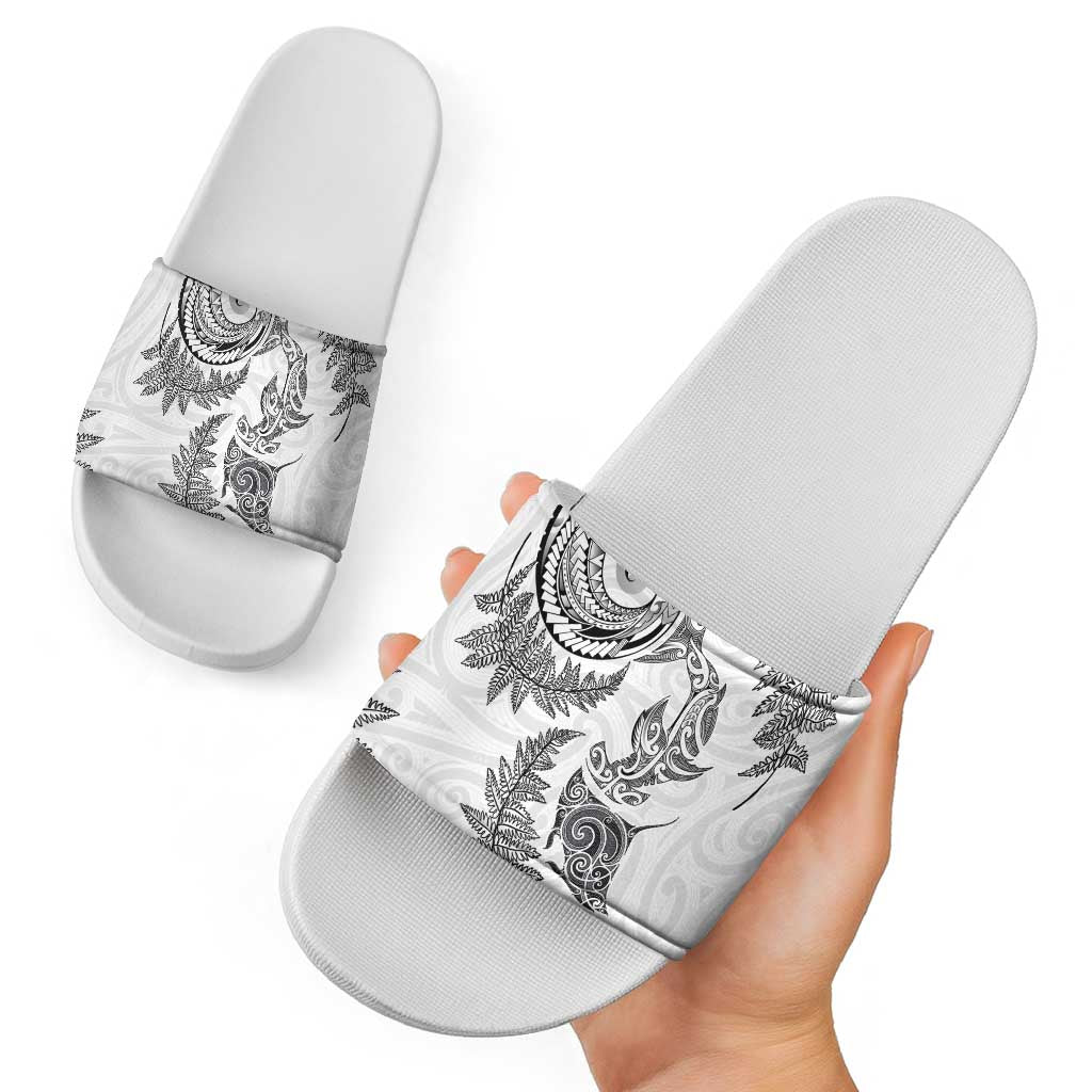 New Zealand Sea Animals with Maori Tribal Tattoo Slide Sandals Shark Manta Ray with Silver Fern White