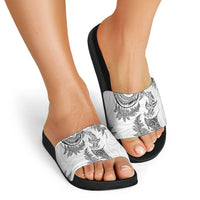 New Zealand Sea Animals with Maori Tribal Tattoo Slide Sandals Shark Manta Ray with Silver Fern White