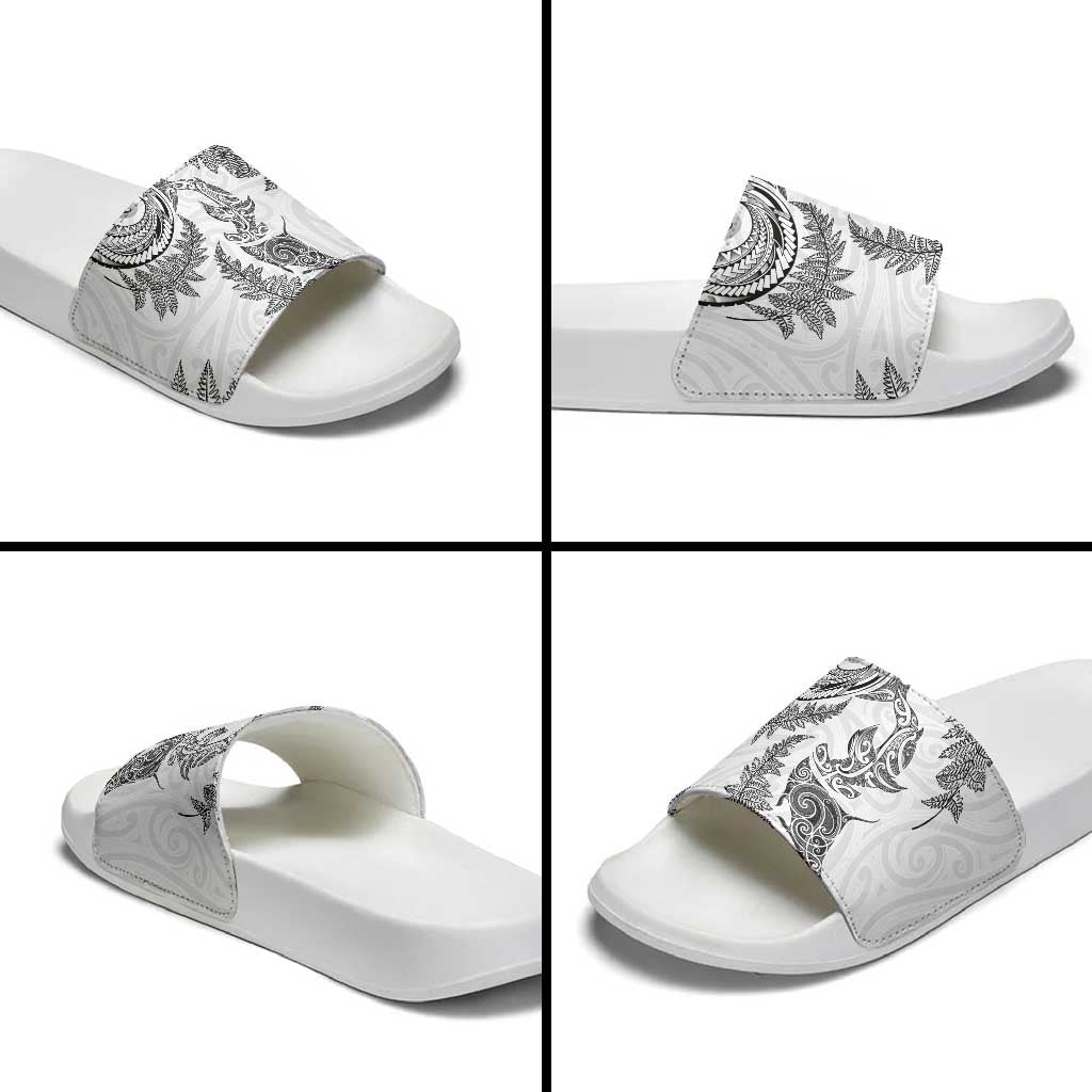 New Zealand Sea Animals with Maori Tribal Tattoo Slide Sandals Shark Manta Ray with Silver Fern White