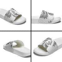 New Zealand Sea Animals with Maori Tribal Tattoo Slide Sandals Shark Manta Ray with Silver Fern White