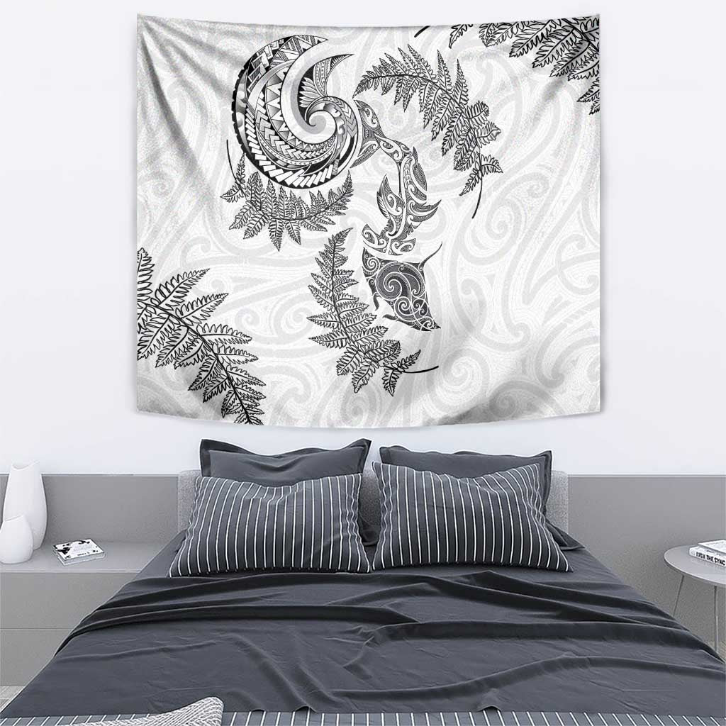 New Zealand Sea Animals with Maori Tribal Tattoo Tapestry Shark Manta Ray with Silver Fern White